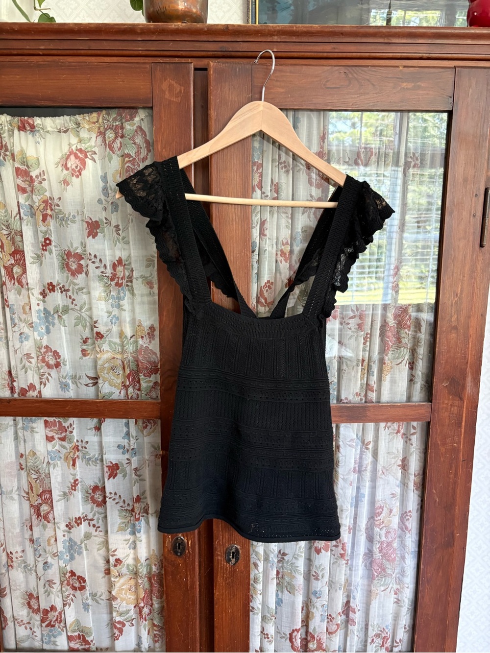 SEZANE Black Lace-Trim Knit Tank Top - Women Intimates & Sleepwear